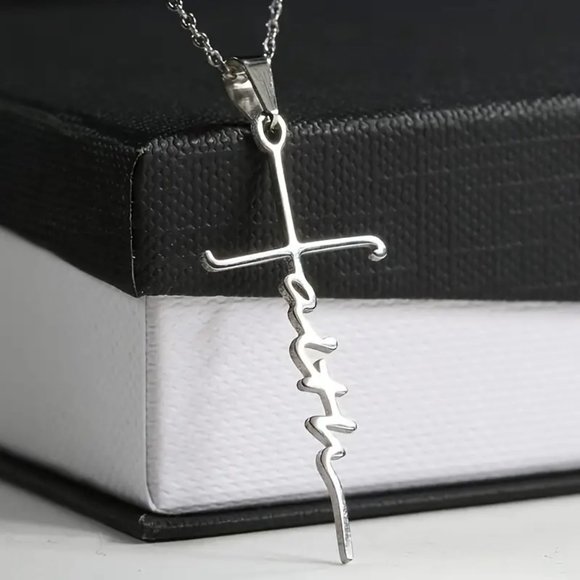 BOGO 50% Off NWT Stainless Steel Christian Cross Faith Word Pendant Necklace - Picture 2 of 7